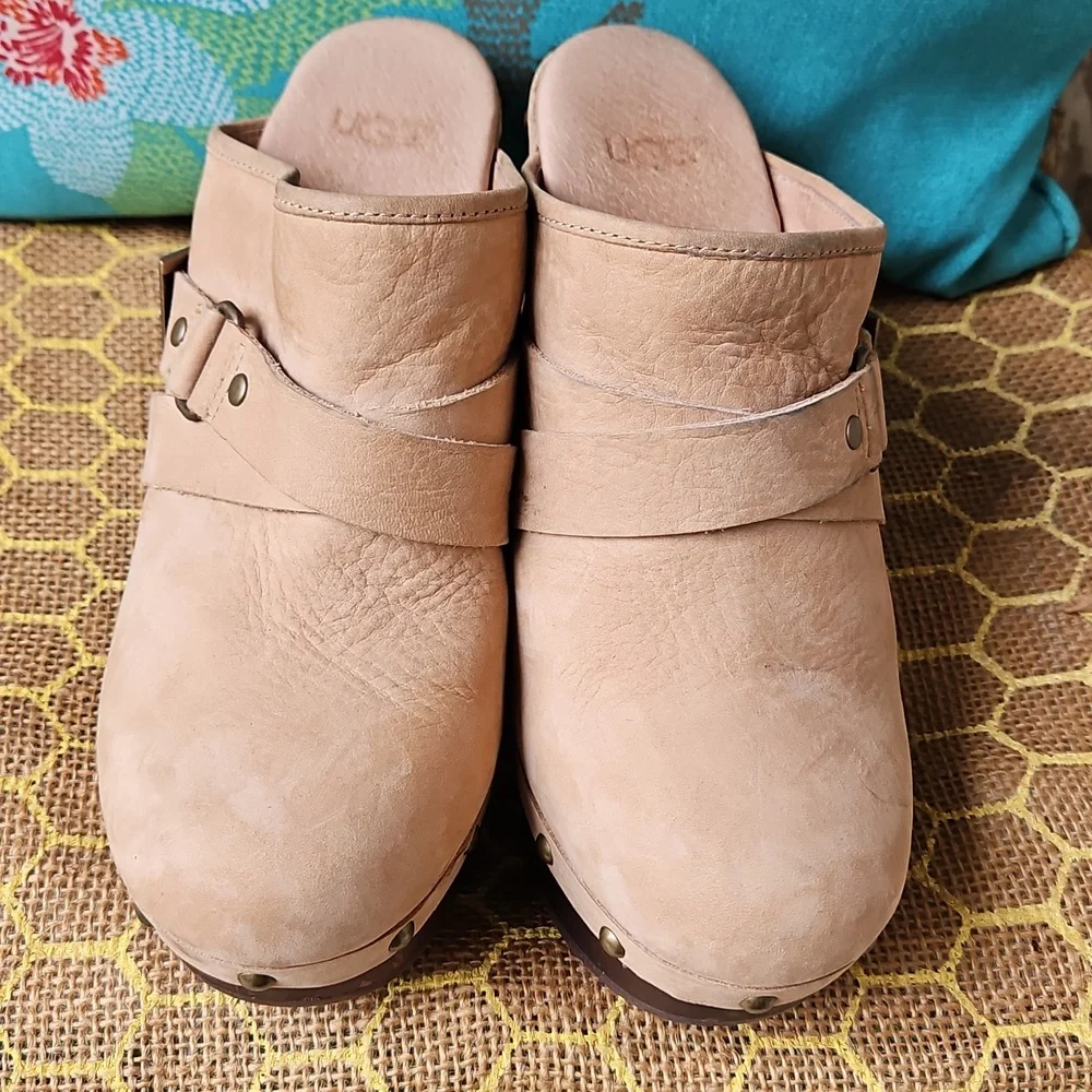 UGG Natalee Tan Leather Mules with Wooden Heel - Picture 3 of 5